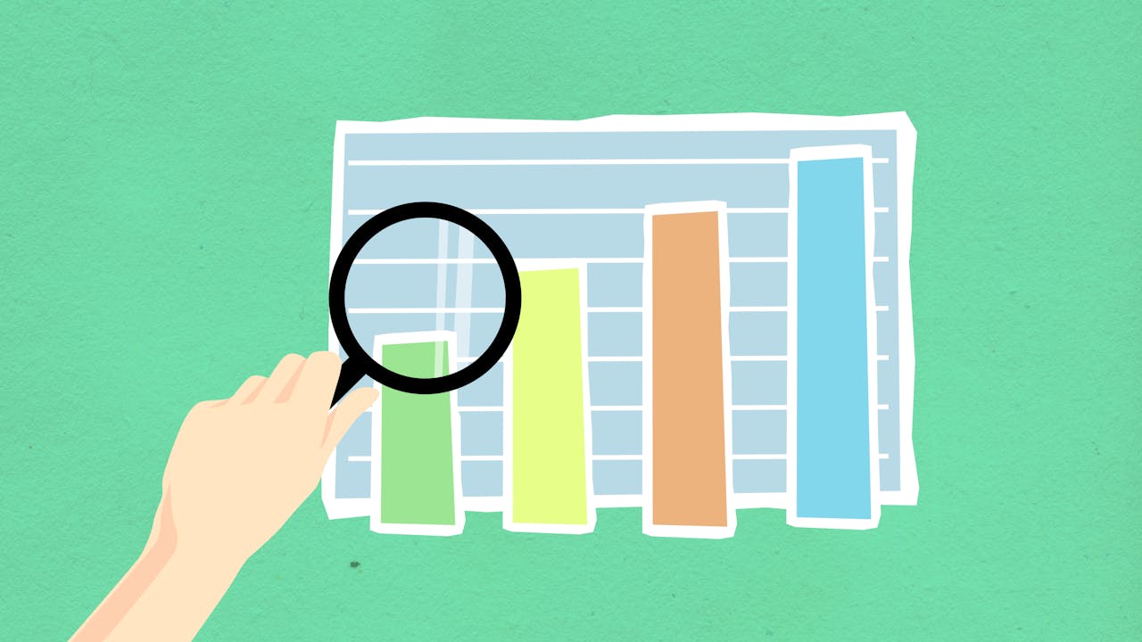 Illustration of a hand using a magnifying glass over a colorful bar chart on green background.